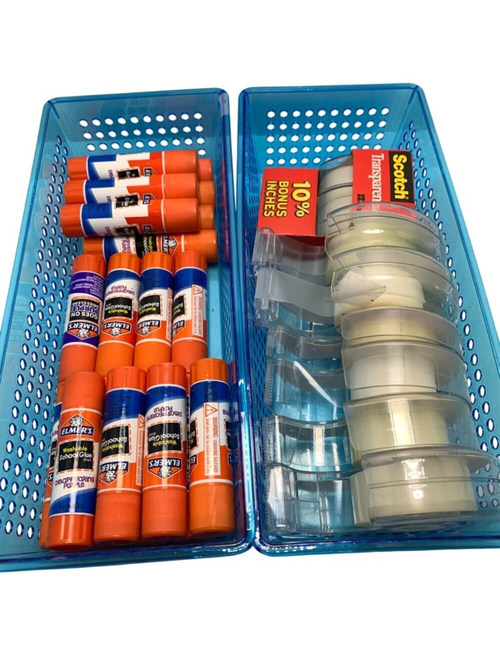 Elmers & Scotch Glue Sticks And Transparent Tapes Set In Blue Storage Baskets